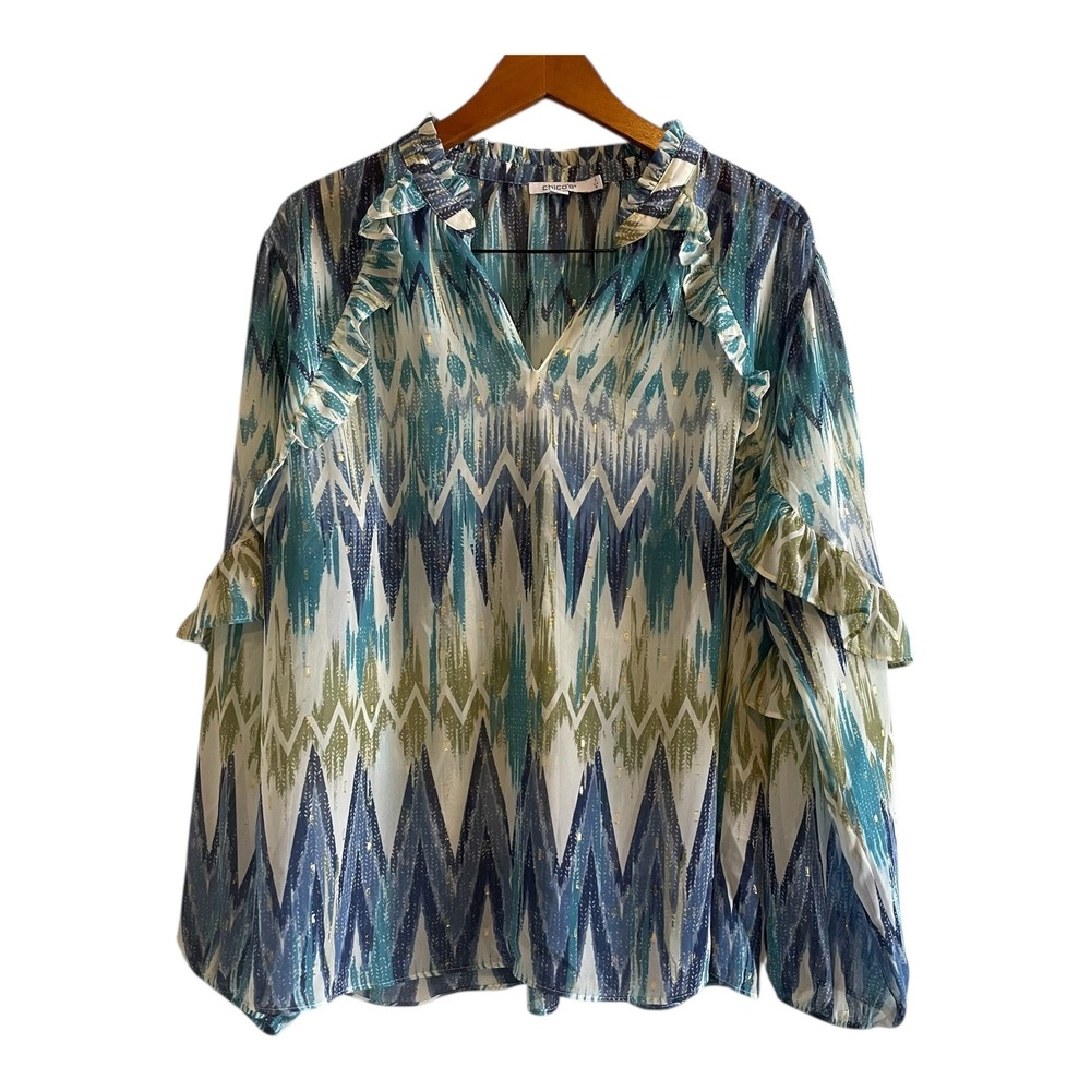 Chico's Blouse Women's Size 16 Blue Green Ikat Print Ruffle Metallic Accent